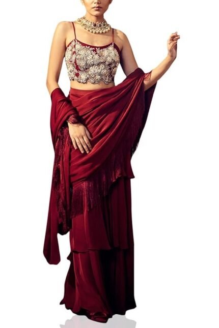 Saree Trends Women's Faux Georgette ready to wear Frill saree with unstitched blouse