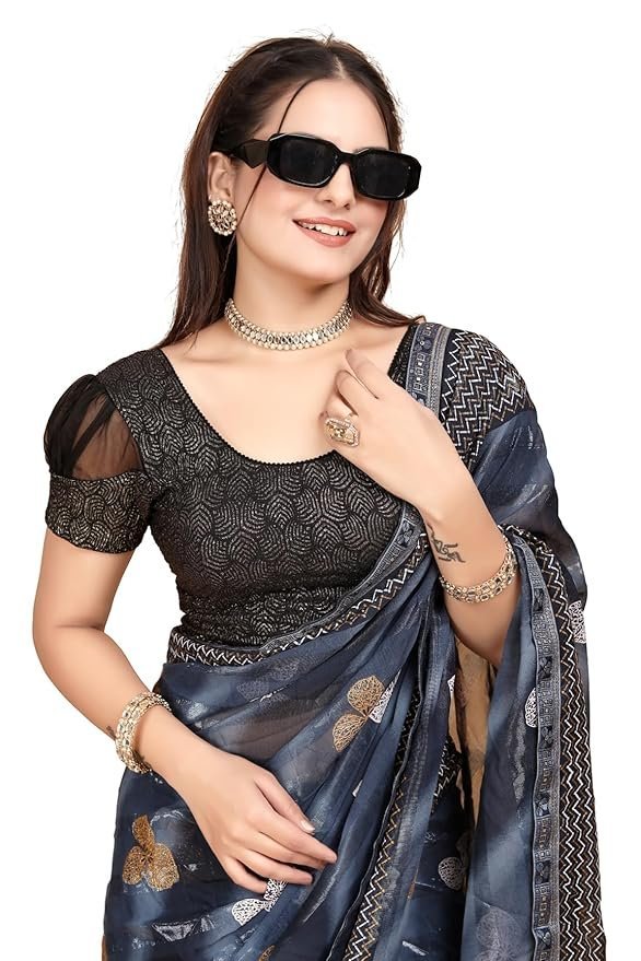 714kM4flN9L._SY879_ Round Neck Dobby Cotton Lycra Stretchable Elbow Half Sleeve Readymade Saree Blouse for Women Stylish - Image 1