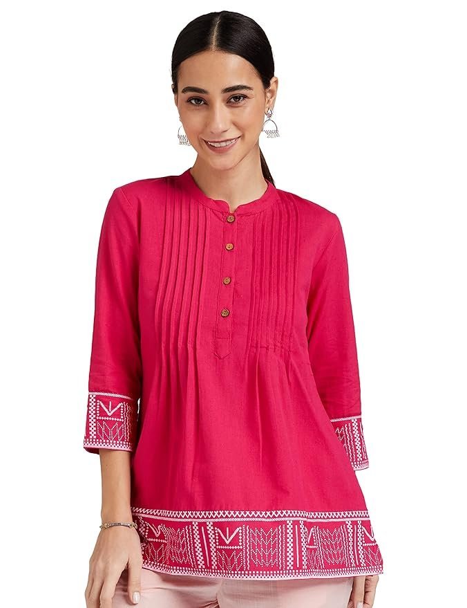 81KTGOTzc+L._SY879_ Women's Printed Straight Cotton Short Kurti - Image 1