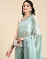 Embroidered Saree with Contrast Border - Image 4