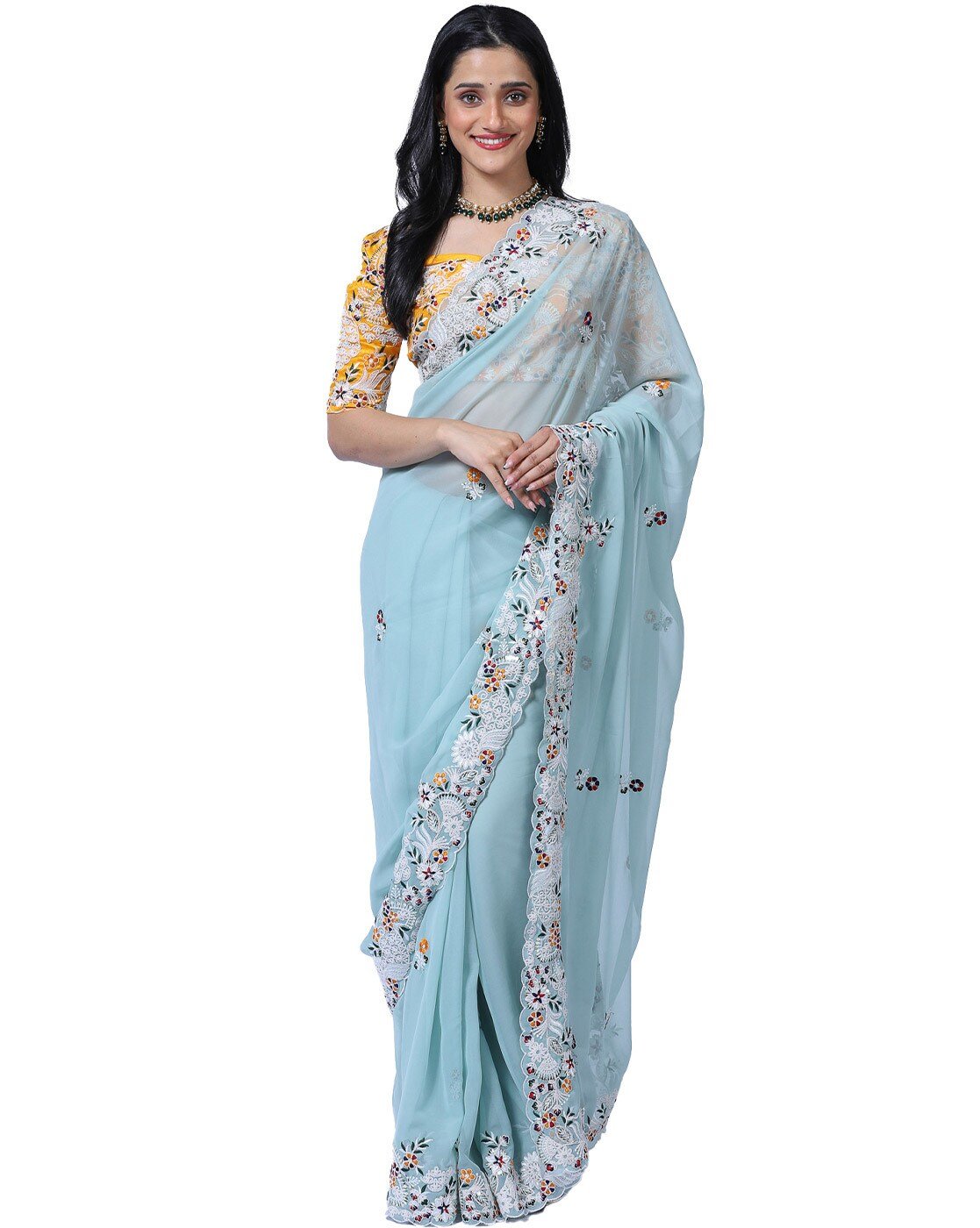 -1117Wx1400H-466617982-aqua-MODEL Embroidered Saree with Blouse Piece - Image 1