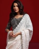 Women Embroidered Saree with Scalloped Border - Image 4